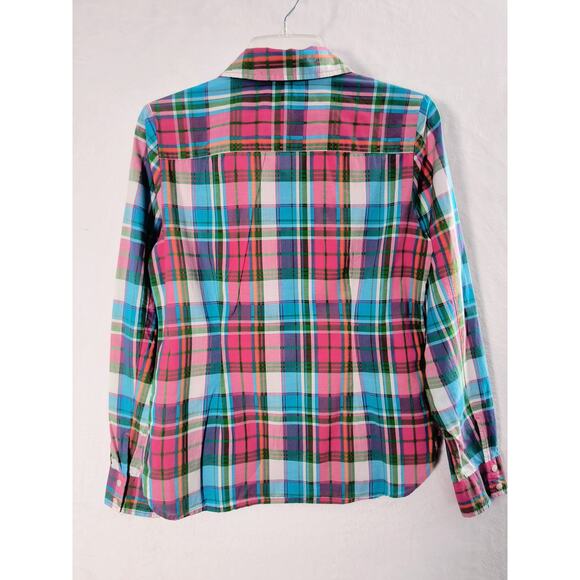 Tommy Hilfiger Button Up Blouse Women's Sz M Multicolor Plaid Roll Tab Sleeve - Picture 10 of 12